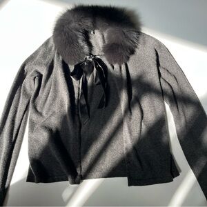 Jôn Charcoal Silk & Cashmere Cardigan-Fur collar- Black Satin Bow Tie Closure